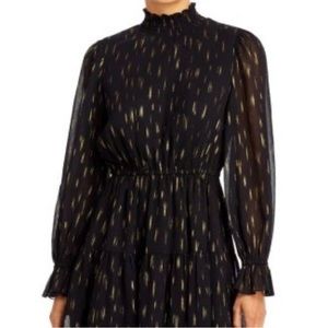 Bloomingdales AQUA mock neck ruffle dress black and metallic gold